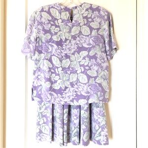 DIANE GILMAN PETITES Silk Blouse Skirt Set Outfit Floral Lilac P NEW Vintage